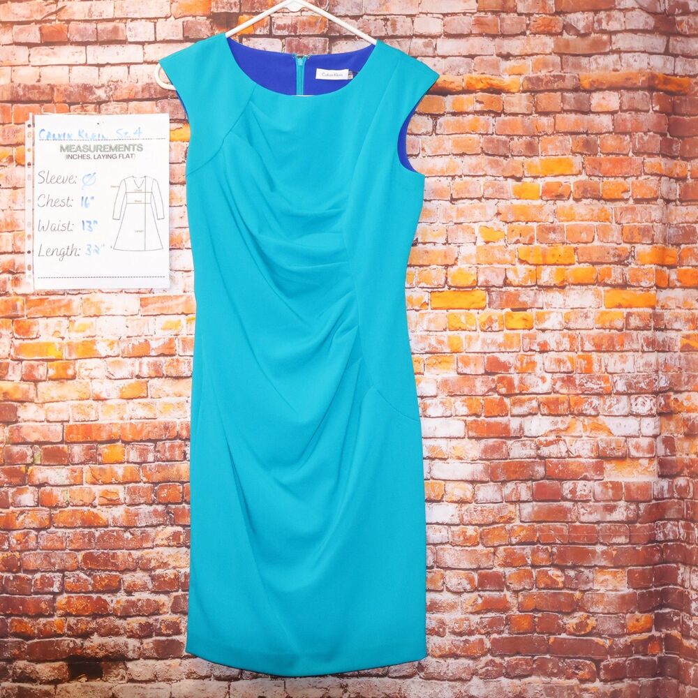 Calvin Klein Sheath Dress Sz 4 Aqua Draped Ruched Sleeveless Knee Length Lined